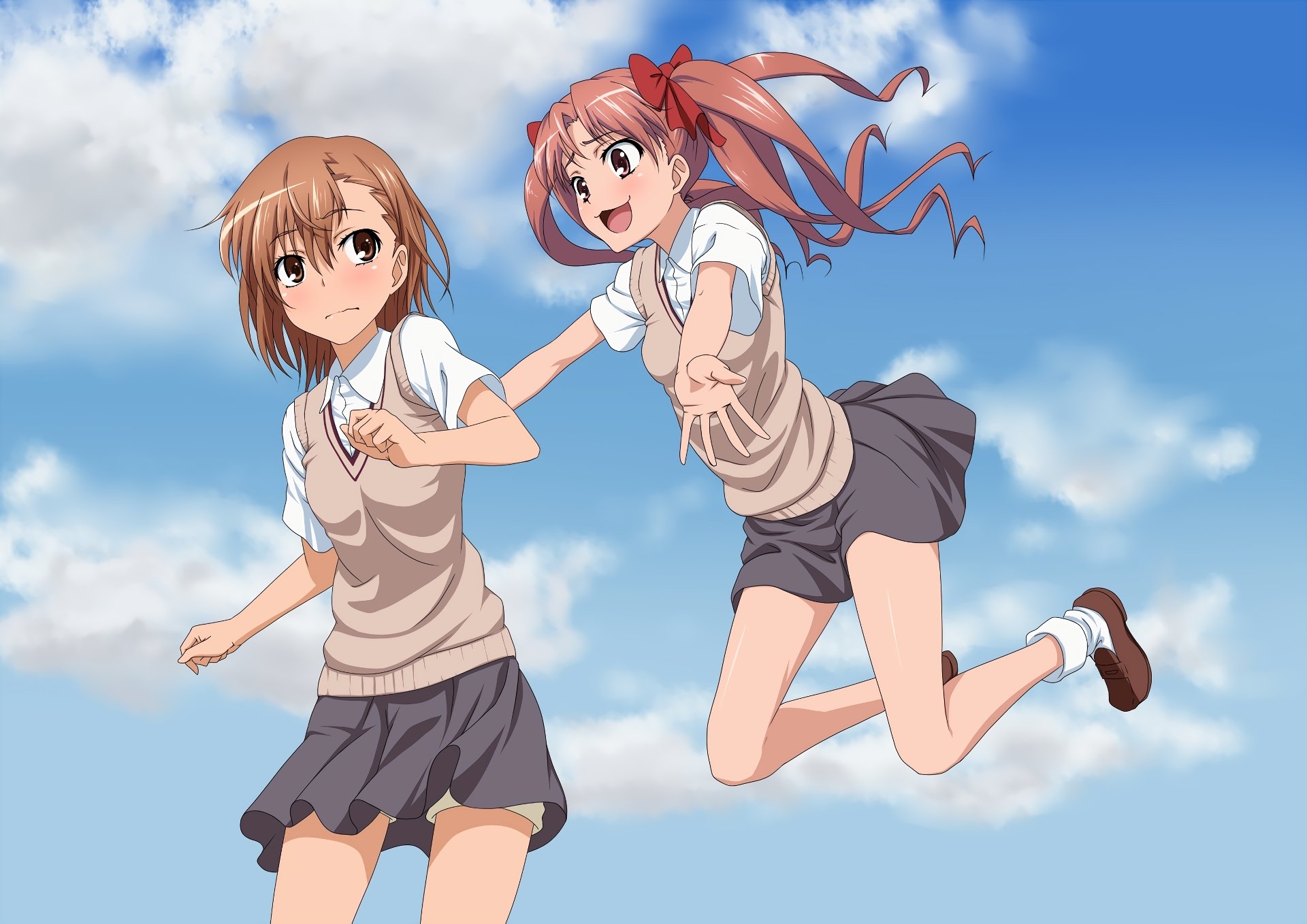 HD anime wallpaper featuring Mikoto Misaka and Kuroko Shirai from A Certain Scientific Railgun, both in school uniforms with skirts, short brown hair, and brown eyes against a blue sky.