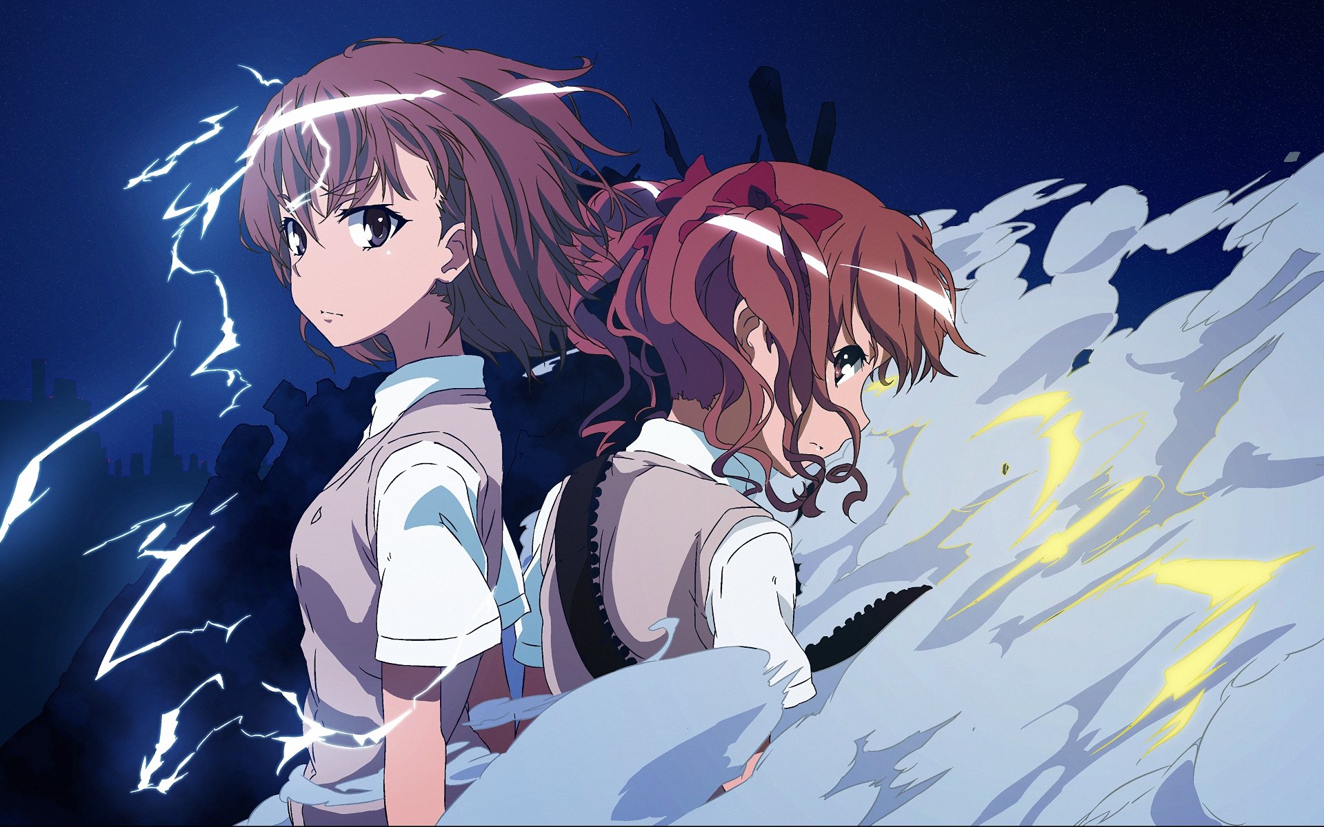 HD anime wallpaper featuring Kuroko Shirai and Mikoto Misaka from A Certain Scientific Railgun, showcasing dynamic poses with electric and wing-like effects.