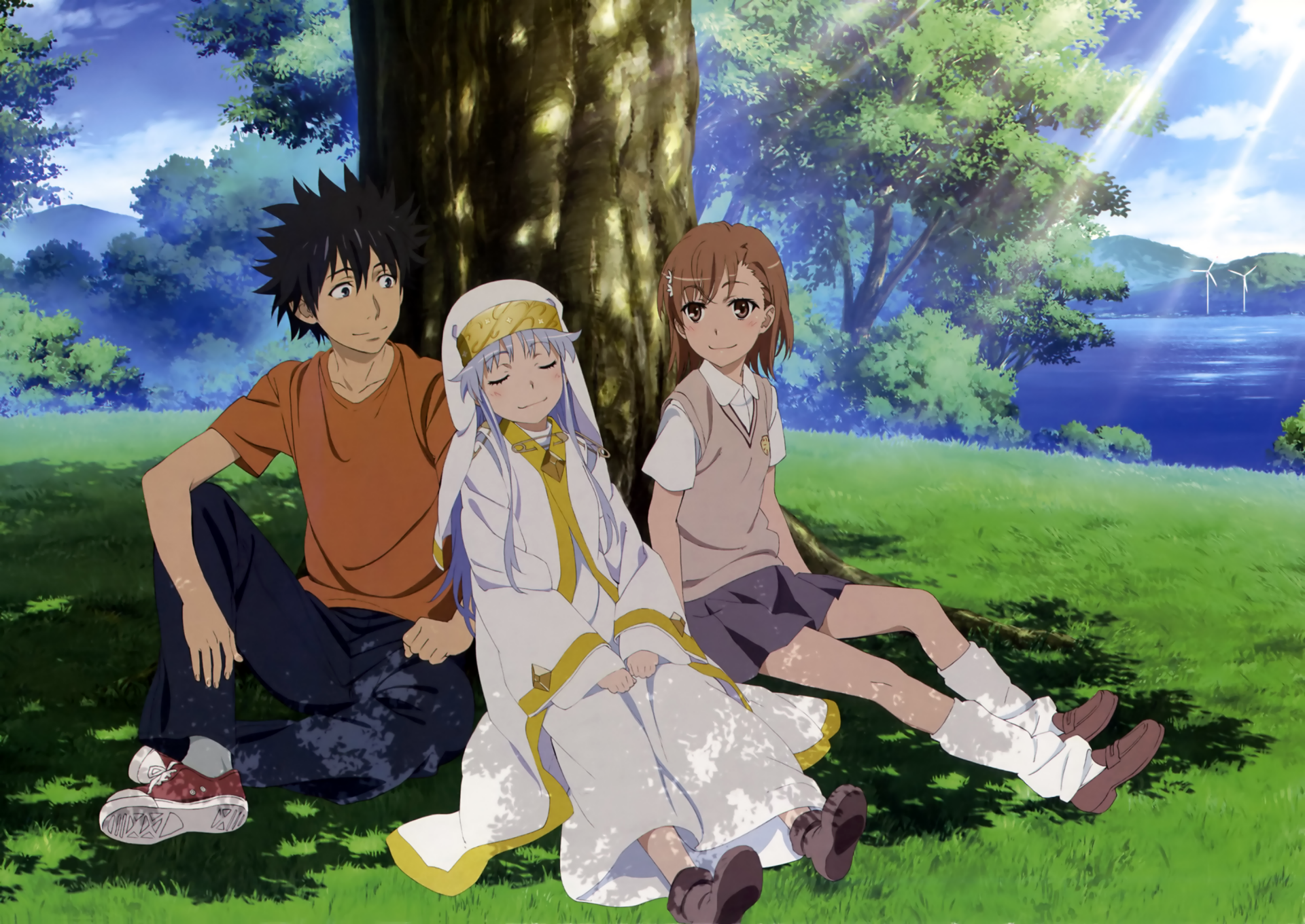 HD anime wallpaper featuring Kamijou Touma, Index Librorum Prohibitorum, and Mikoto Misaka from A Certain Magical Index, sitting by a tree in casual and school uniforms.