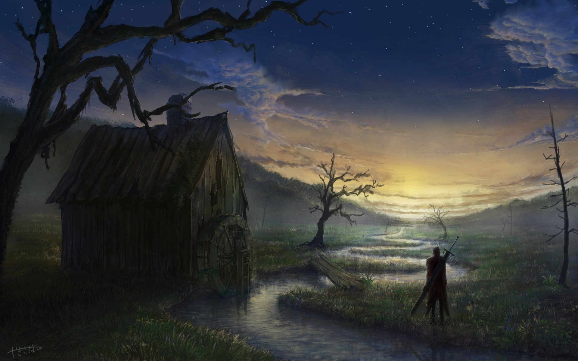 A fantasy warrior with a sword stands by a river near a watermill at dusk, in a mystical landscape setting. The atmospheric scene serves as a captivating HD desktop wallpaper and background.
