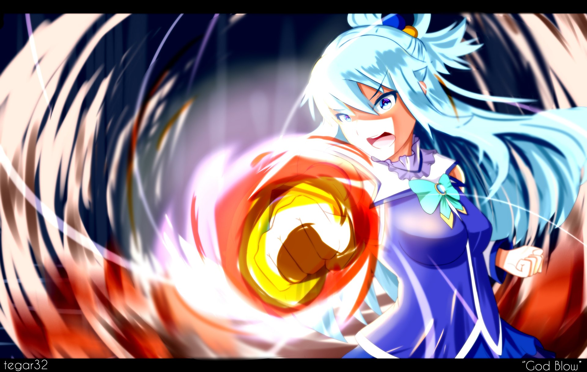 Aqua from KonoSuba unleashing a powerful magical attack in vibrant anime style, featured in a 4K Ultra HD PC desktop wallpaper from KonoSuba - God’s blessing on this wonderful world!!.