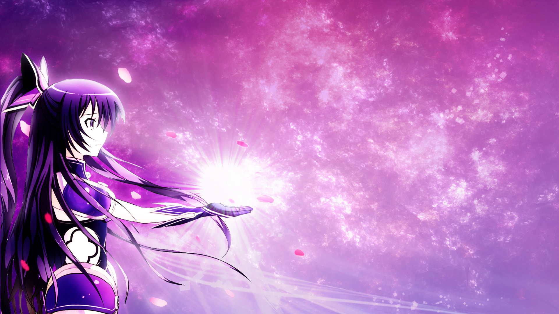 HD PC desktop wallpaper featuring Tohka Yatogami from the anime Date A Live, with glowing light effects and a vibrant pink-purple background.