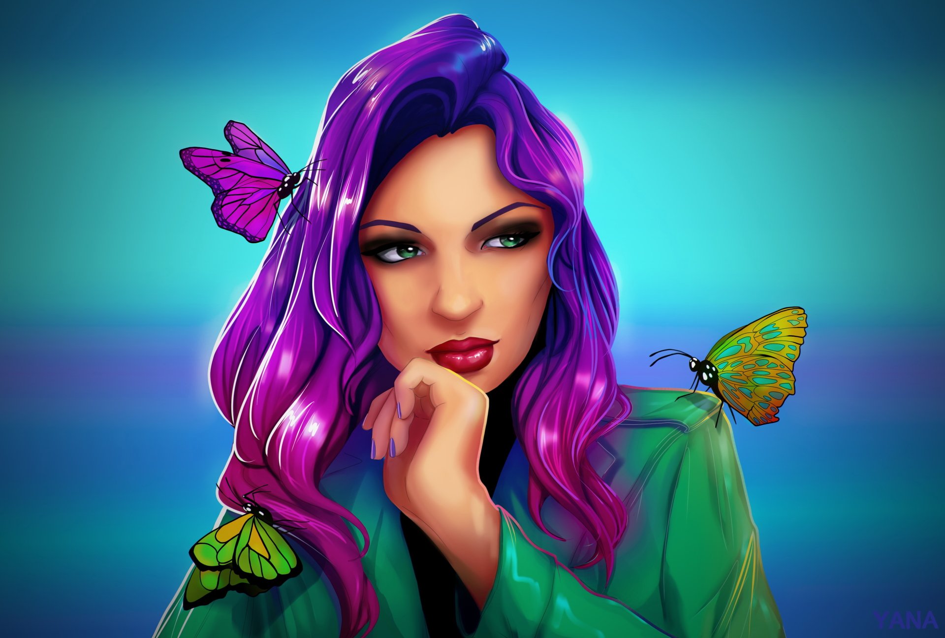 Download Green Eyes Purple Hair Butterfly Lipstick Face Woman Artistic 4k Ultra HD Wallpaper by Yana Dmitruk