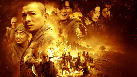 HD PC desktop wallpaper/background — movie Shaolin montage: monks and warriors in a fiery orange battlefield, dramatic action poses and burning village.