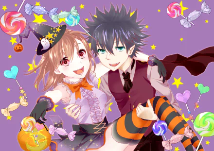 HD anime desktop wallpaper featuring Kamijou Touma and Mikoto Misaka from A Certain Scientific Railgun, dressed in Halloween-themed costumes with colorful sweets and decorations.