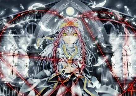 HD anime wallpaper of Index Librorum Prohibitorum from A Certain Magical Index, glowing eyes and red sigils overlaying a gothic cathedral background.