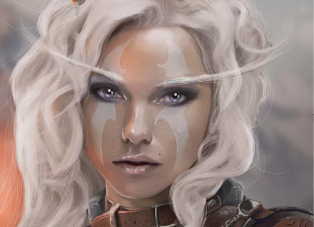 HD fantasy desktop wallpaper featuring a woman with striking white hair, luminous purple eyes, and intricate face markings.