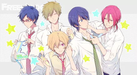 HD PC desktop wallpaper of Free! anime featuring Nagisa Hazuki, Makoto Tachibana, Rin Matsuoka, Haruka Nanase and Rei Ryūgazaki in open school shirts, playful poses amid pastel stars.