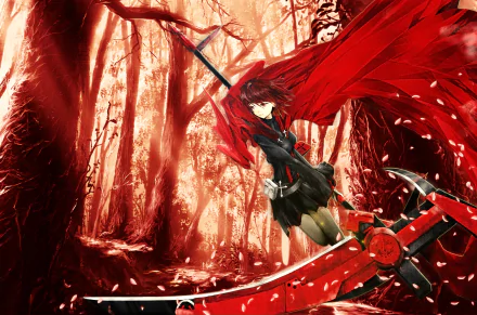 HD PC desktop wallpaper featuring Ruby Rose from the anime RWBY, set in a vividly red forest with dynamic action and striking details.