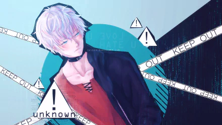 HD anime desktop wallpaper featuring Saeran Choi from Mystic Messenger in a stylish, enigmatic pose, with vibrant colors and graphic elements including warning signs and typed text.