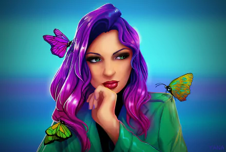 green eyes purple hair butterfly lipstick face woman artistic HD Desktop Wallpaper | Background Image