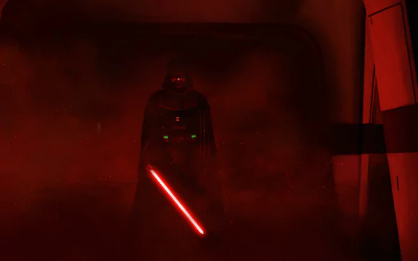 HD PC desktop wallpaper featuring Darth Vader from the movie Rogue One: A Star Wars Story, standing ominously with his red lightsaber glowing in a dark, smoky environment.