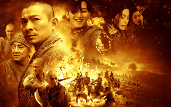 HD PC desktop wallpaper/background — movie Shaolin montage: monks and warriors in a fiery orange battlefield, dramatic action poses and burning village.