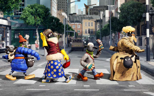 HD PC desktop wallpaper featuring characters from Shaun the Sheep Movie crossing a city street in a playful, animated scene.