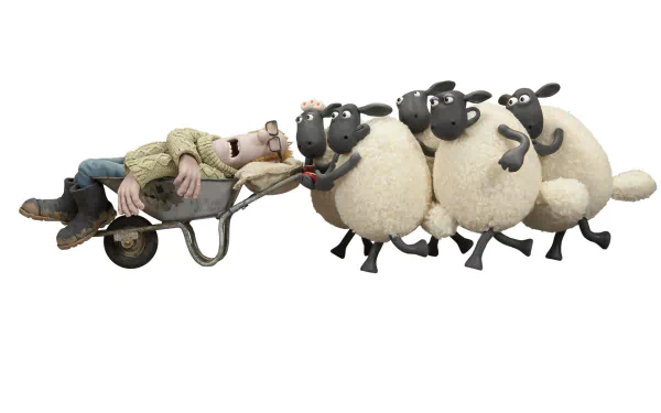 HD PC desktop wallpaper featuring Shaun the Sheep Movie characters with sheep pushing a man in a wheelbarrow on a white background.