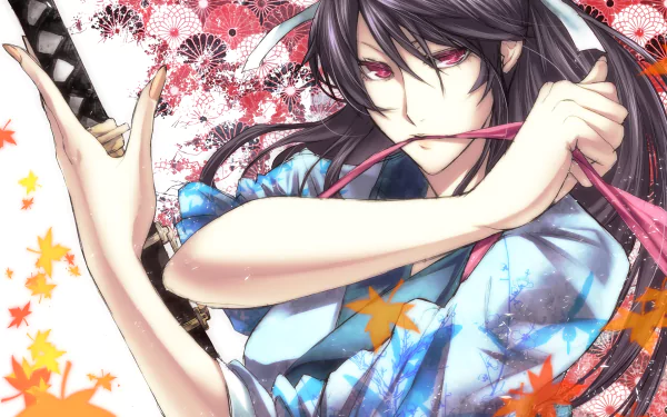 HD PC desktop wallpaper of Kaori Kanzaki from A Certain Magical Index: anime portrait in a blue kimono holding a sword, intense gaze, red floral background with falling maple leaves.