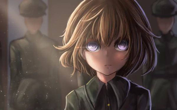 HD anime desktop wallpaper featuring Tanya Degurechaff from The Saga of Tanya the Evil, with a serious expression and two blurred soldiers in the background.