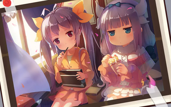 HD desktop wallpaper featuring an anime crossover with Kanna Kamui from Kobayashi-san Chi no Maid Dragon and Renge Miyauchi from Non Non Biyori, sitting together in a warm, softly lit room.