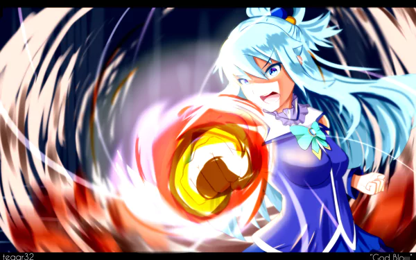 Aqua from KonoSuba unleashing a powerful magical attack in vibrant anime style, featured in a 4K Ultra HD PC desktop wallpaper from KonoSuba - God’s blessing on this wonderful world!!.