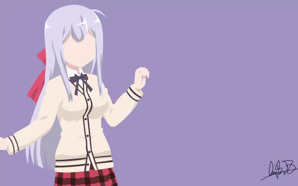 4K Ultra HD PC desktop wallpaper: minimalist faceless illustration of Raphiel Shiraha Ainsworth from Gabriel DropOut in a school uniform with red bow and plaid skirt on a lavender background.