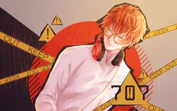 HD desktop wallpaper featuring an anime character from Mystic Messenger wearing glasses and headphones, framed by “Keep Out” caution tape and warning symbols against a vibrant red background.
