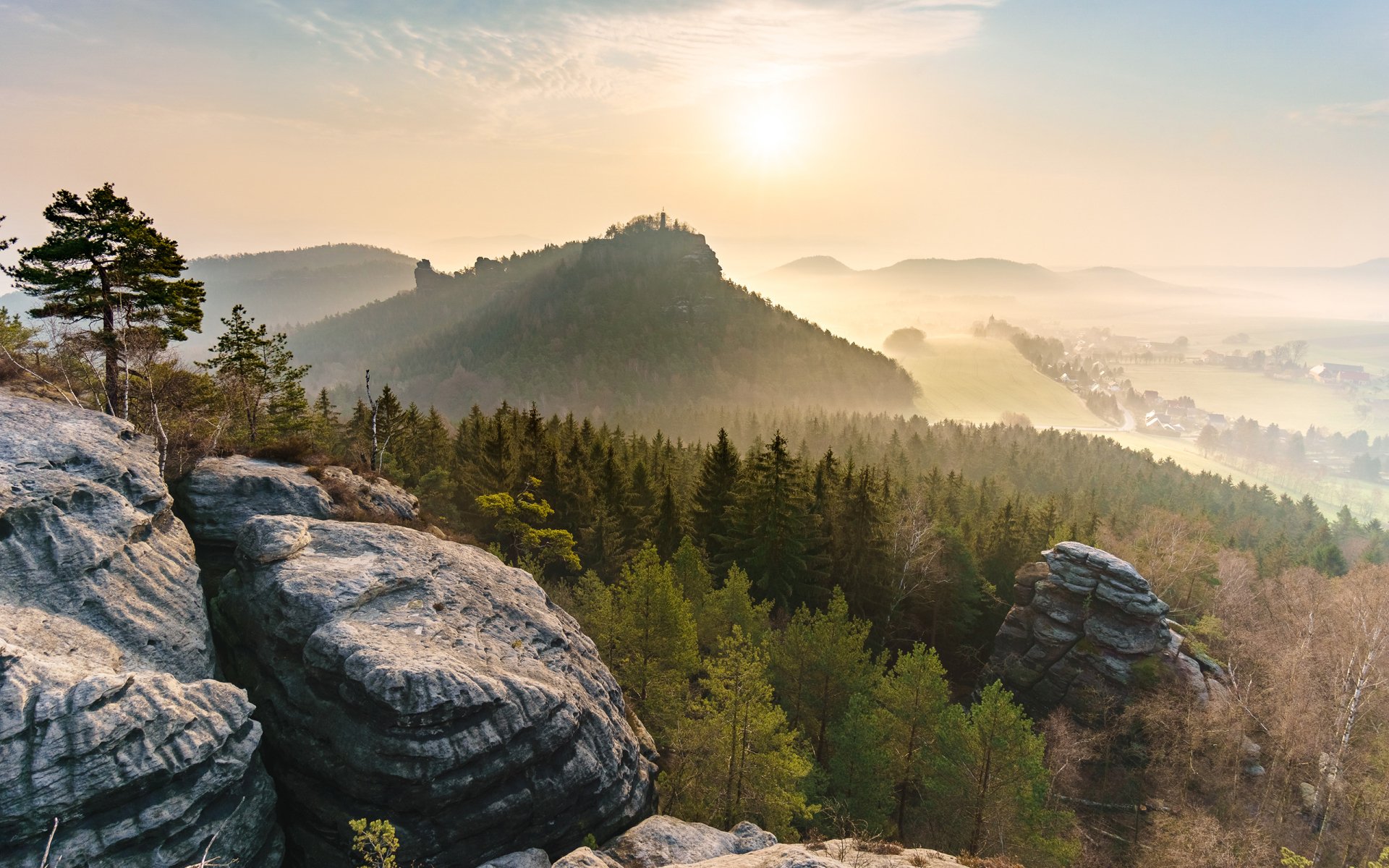 Download Fog Dusk Sunlight Tree Boulder Mountain Photography Landscape HD Wallpaper