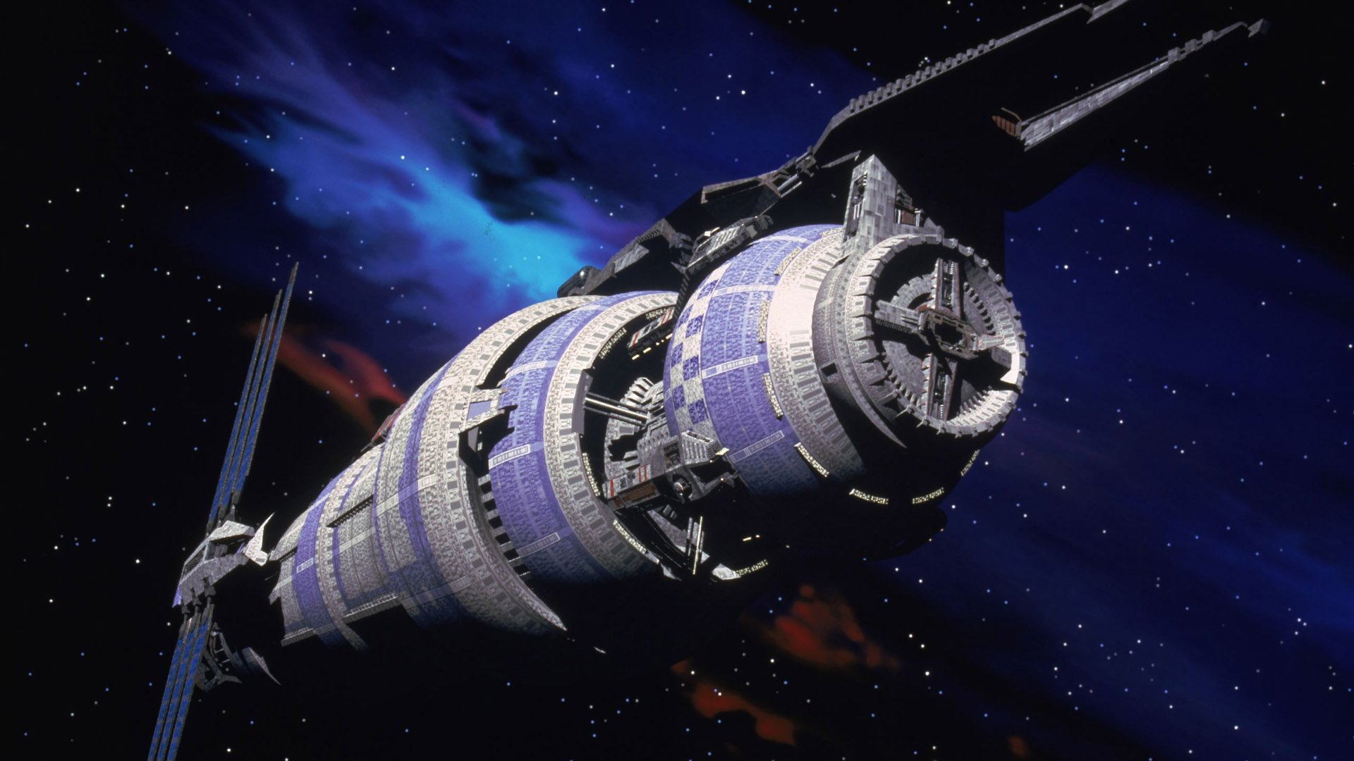 HD desktop wallpaper featuring a detailed spaceship from the TV show Babylon 5 set against a starry space background.