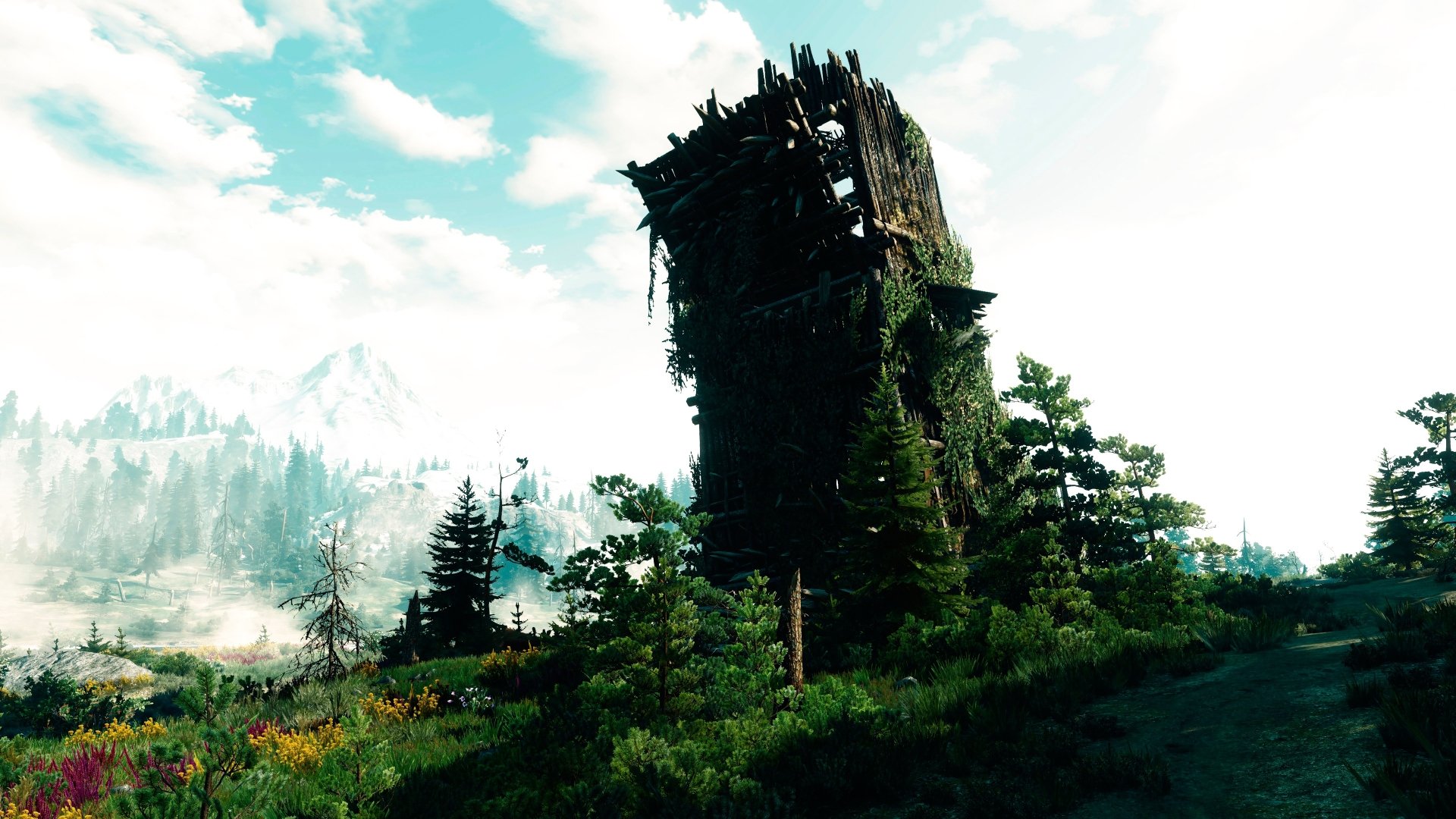 HD wallpaper of The Witcher 3: Wild Hunt. A picturesque landscape features a ruined tower amidst lush greenery, set against a bright, cloudy sky.