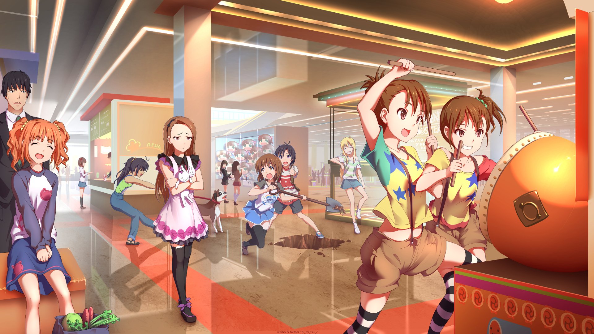 4K Ultra HD anime wallpaper featuring Yayoi Takatsuki, Uzuki Shimamura, Rin Shibuya, Iori Minase, Hibiki Ganaha, Mami Futami, and Ami Futami from The iDOLM@STER.