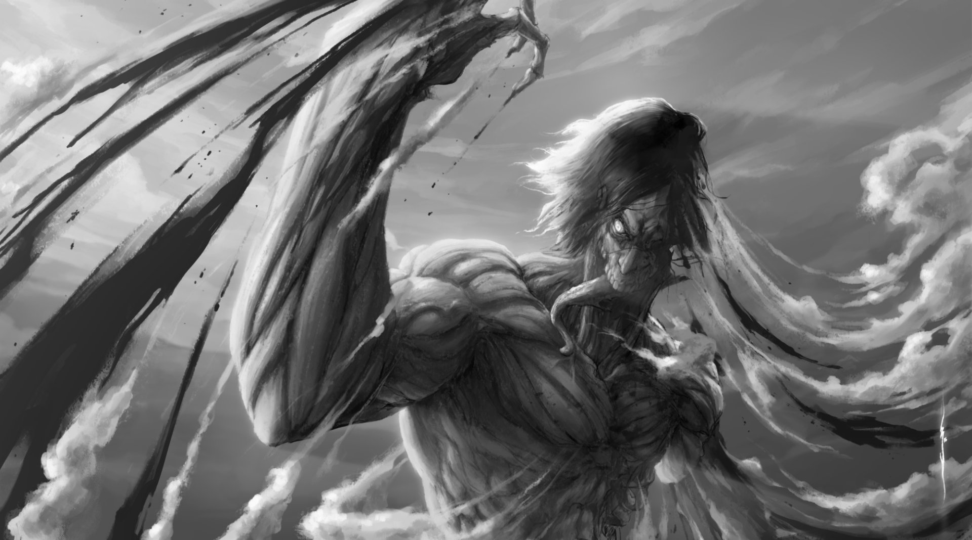 Black and white HD PC desktop wallpaper featuring Eren Yeager from the anime Attack on Titan in his Titan form against a dramatic sky backdrop.
