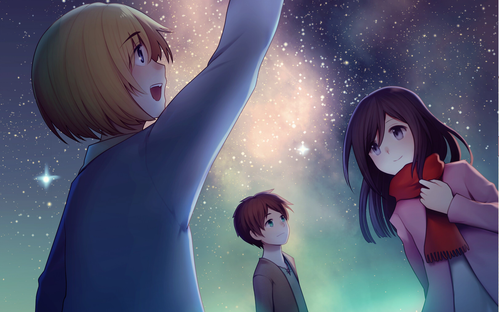 HD wallpaper featuring Armin Arlert, Eren Yeager, and Mikasa Ackerman from Attack on Titan. The characters gaze at a starry night sky, creating a serene and poignant atmosphere.