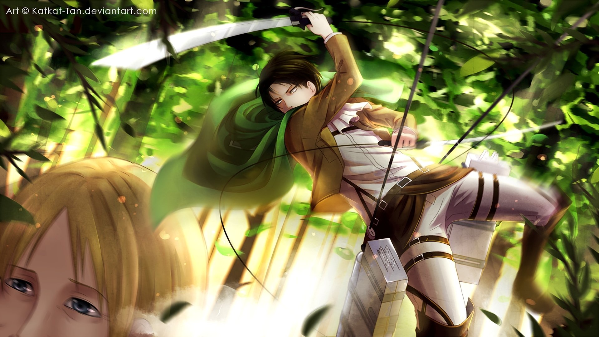 HD desktop wallpaper featuring Levi Ackerman from the anime Attack on Titan, dynamically posed with his sword in an action scene amidst a lush green forest background.