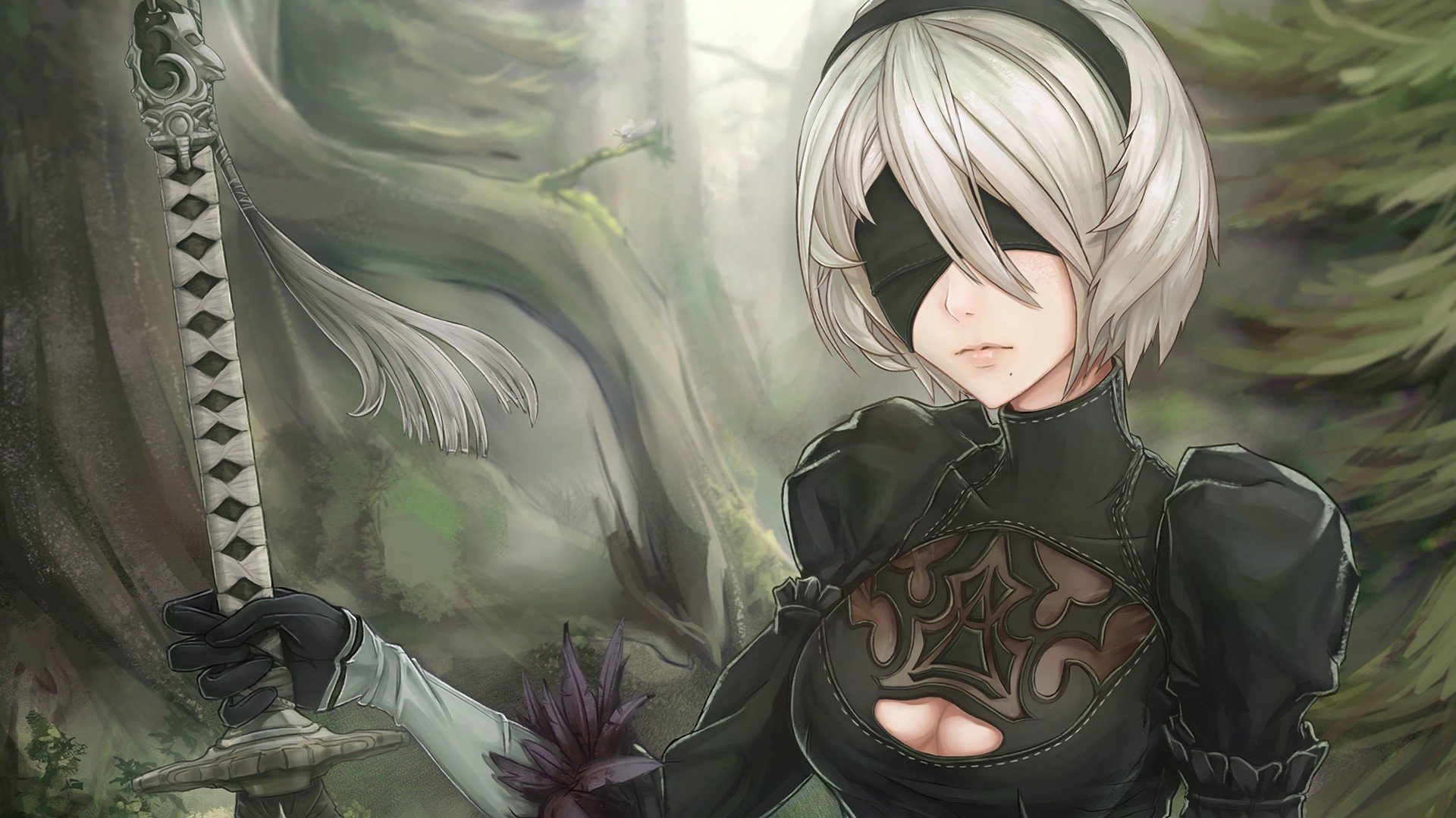 A high-definition wallpaper featuring YoRHa No.2 Type B from NieR: Automata. The character, with short white hair and a black outfit, is shown against a forest background, holding a sword.