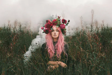 HD PC wallpaper of a woman with long pink hair and a flower wreath standing in a misty grassy field, flowers woven in her hair, creating a moody, ethereal background.