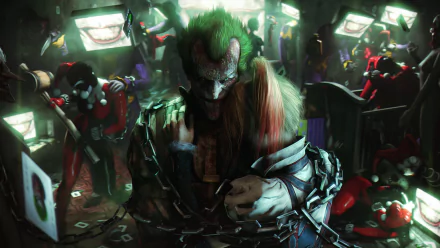 A vivid HD wallpaper featuring DC Comics characters Harley Quinn and Joker. The Joker, in chains, embraces Harley in a chaotic, dimly lit room filled with multiple Harley Quinn figures.