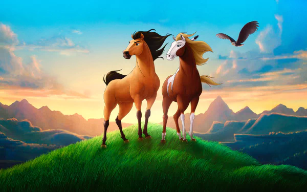 HD PC desktop wallpaper from the movie Spirit: Stallion of the Cimarron, featuring two horses standing on a grassy hilltop at sunset with mountains and an eagle in the background.