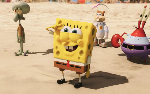 HD desktop wallpaper featuring characters from The SpongeBob Movie: Sponge Out of Water standing on a sunny beach with SpongeBob prominently in the center.