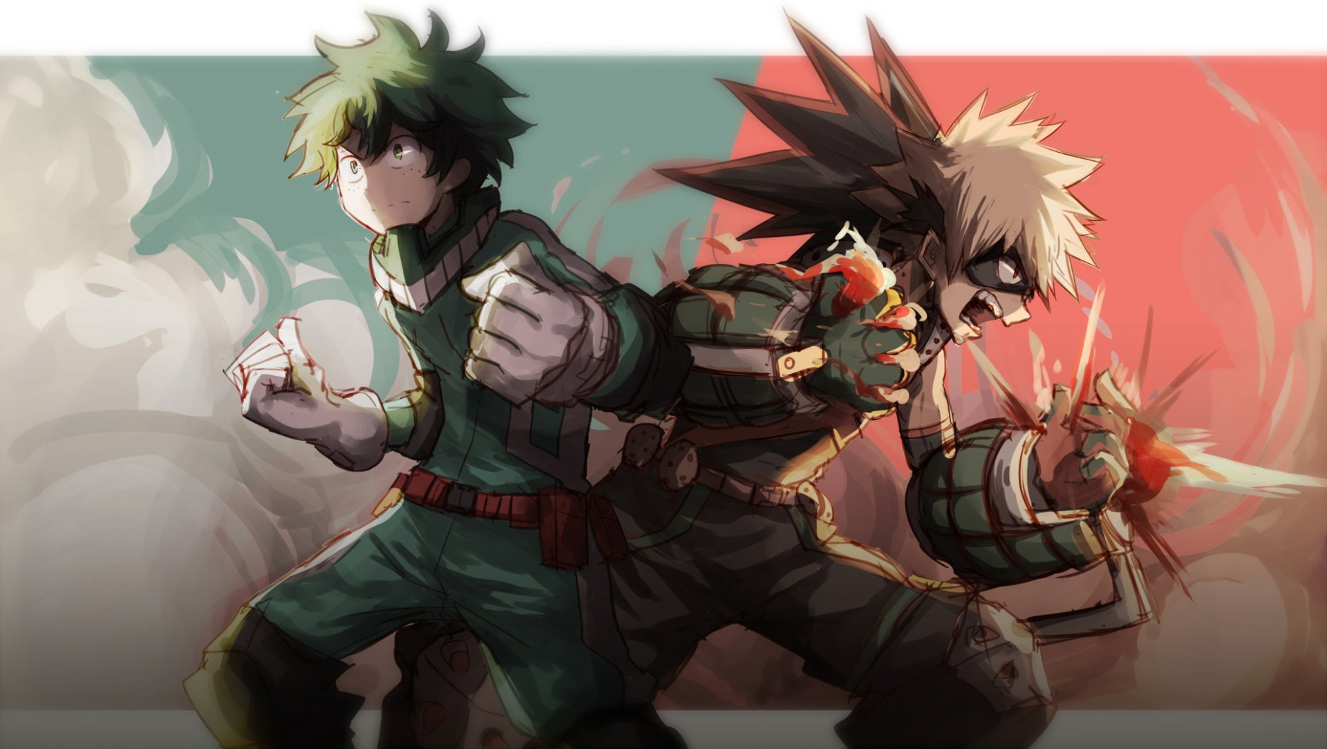 HD desktop wallpaper featuring Izuku Midoriya and Katsuki Bakugou from My Hero Academia, displayed in a dynamic pose with vibrant colors in the background.