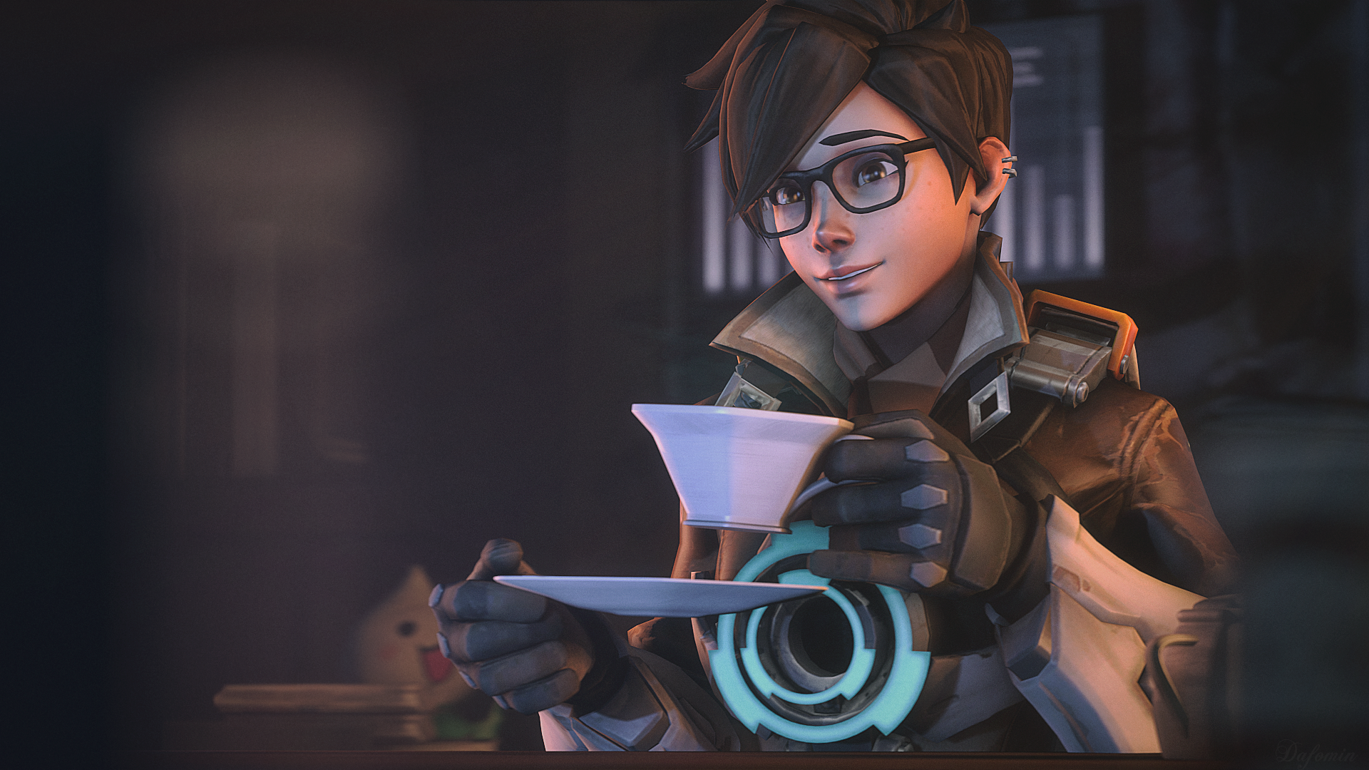 HD PC desktop wallpaper featuring Tracer from the video game Overwatch, depicted holding a teacup with a soft, detailed background.