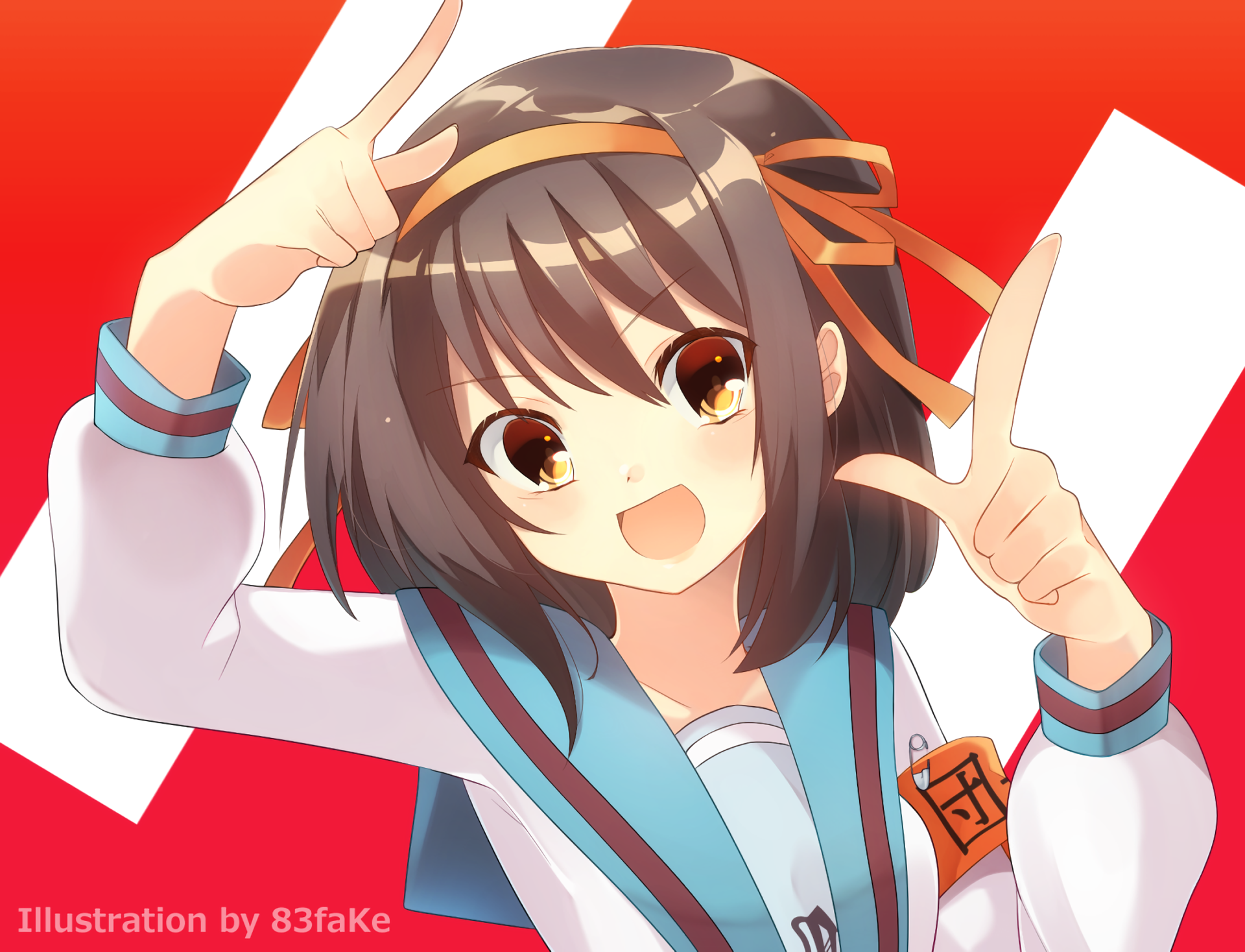 HD PC desktop wallpaper of Haruhi Suzumiya from The Melancholy of Haruhi Suzumiya, anime-style, smiling and framing her face with fingers against a bold red background.