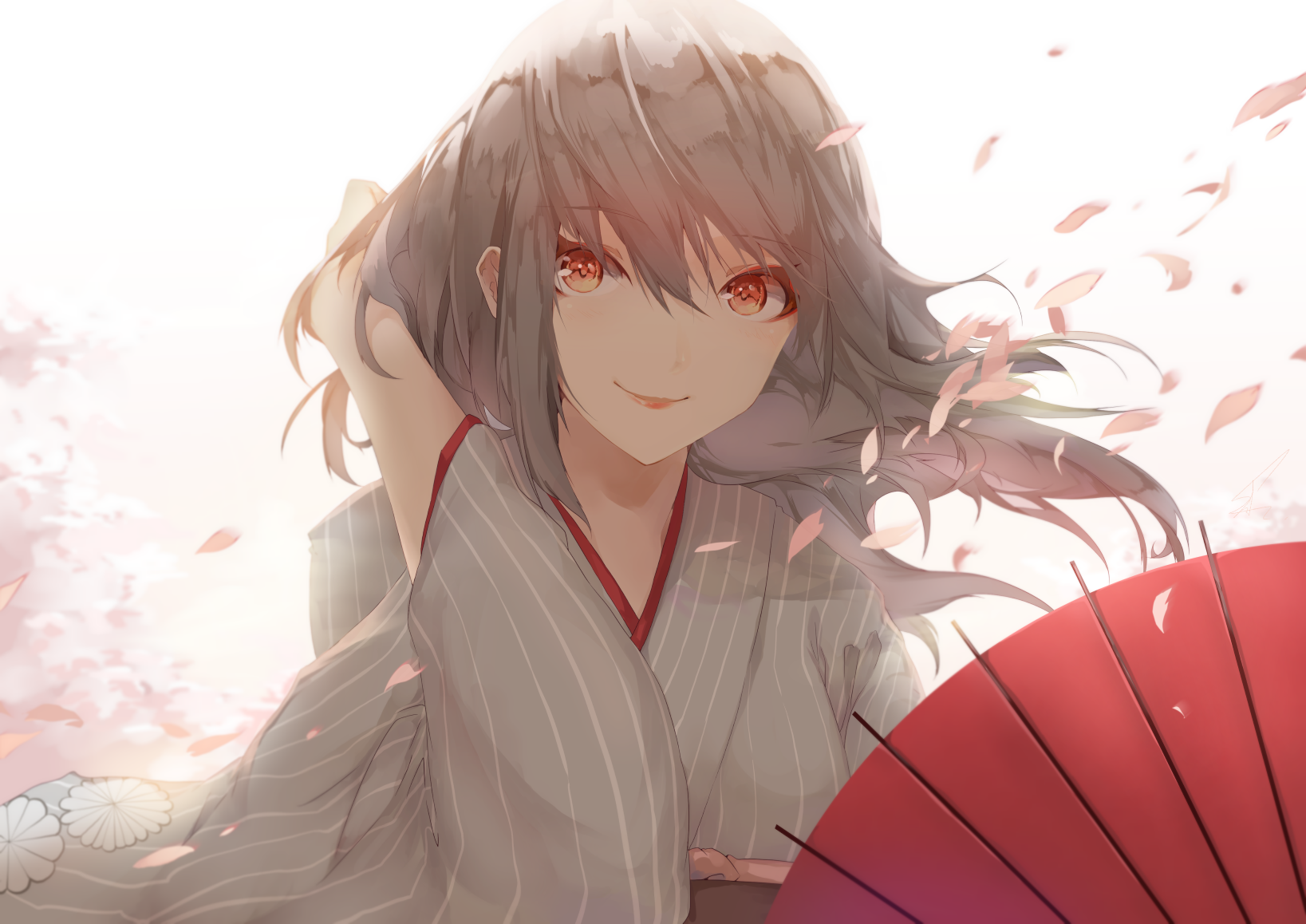 Anime-style original HD desktop wallpaper featuring a smiling girl with flowing gray hair and red eyes, holding a red umbrella amid softly falling petals.