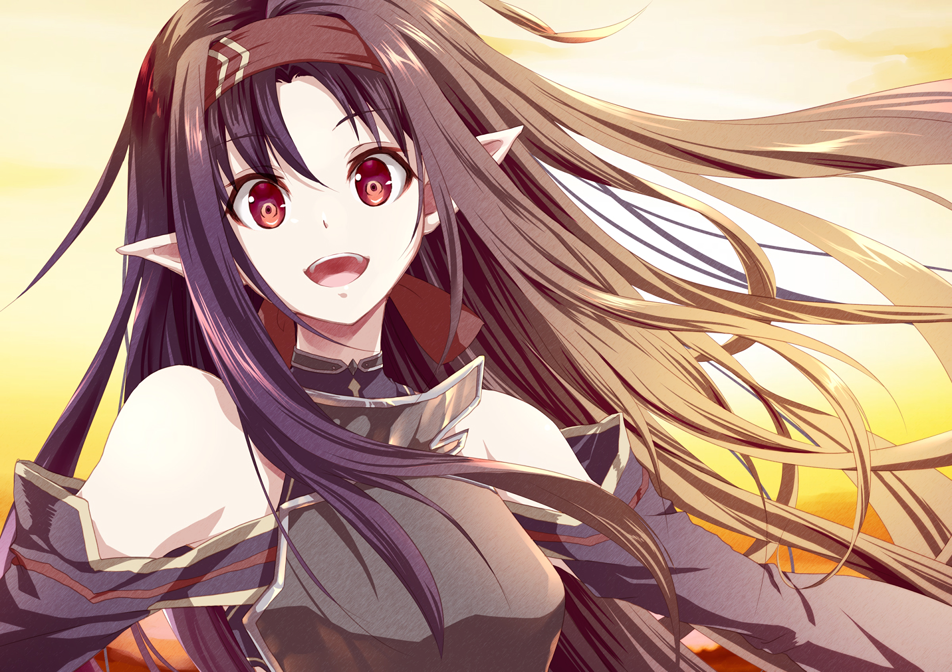 HD PC desktop wallpaper featuring Yuuki Konno from Sword Art Online II with flowing hair and a bright, warm background in vibrant anime style.