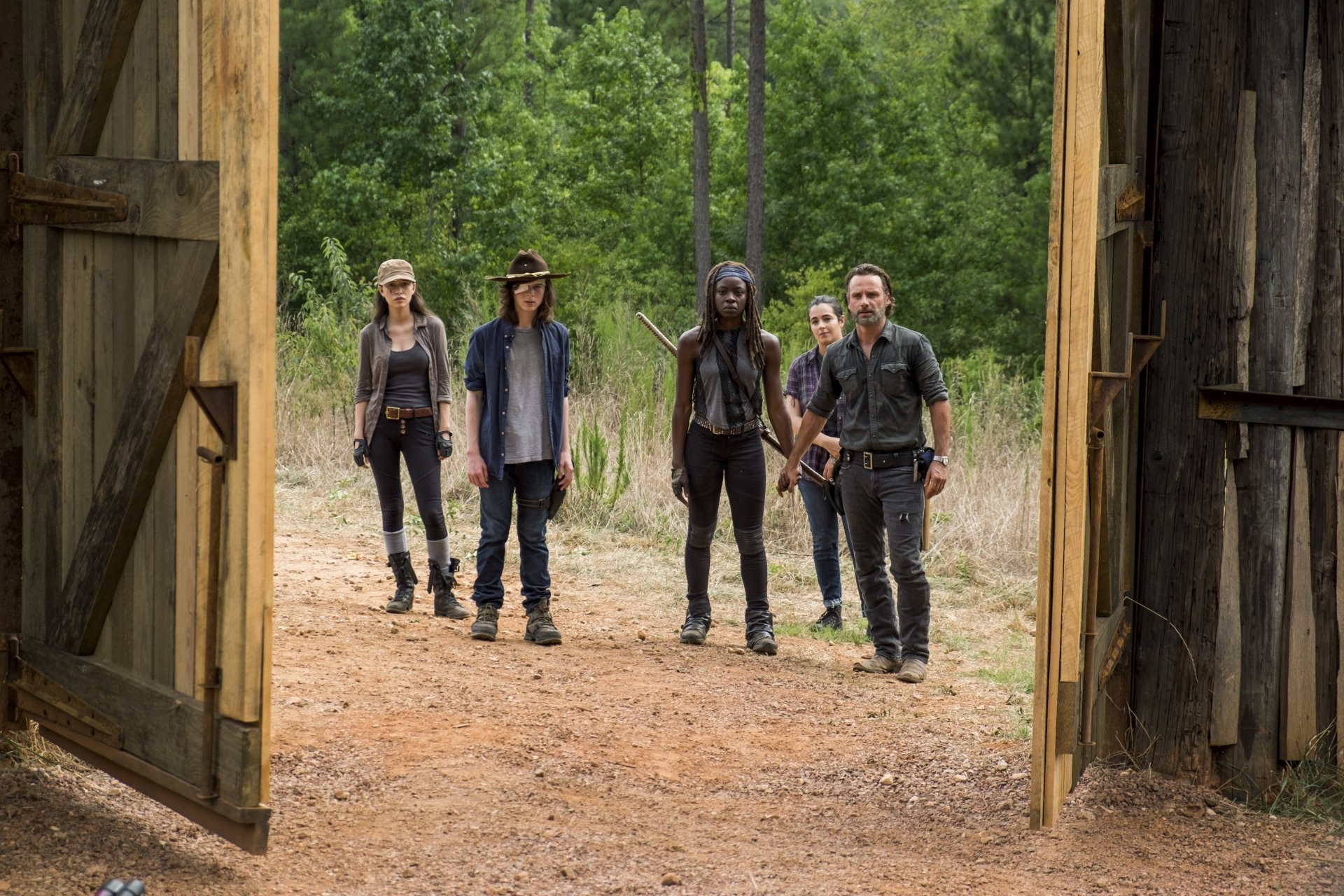 Download Christian Serratos Rosita Espinosa Carl Grimes Chandler Riggs Rick Grimes Andrew Lincoln Michonne (The Walking Dead) Danai Gurira TV Show The Walking Dead 4k Ultra HD Wallpaper