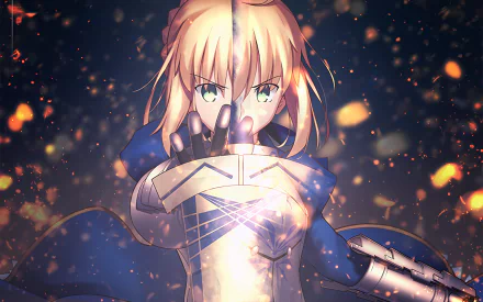 HD wallpaper featuring Saber from the Fate series. This anime character appears in Fate/Stay Night, depicted with intense determination, clad in blue and silver armor amidst a glowing, fiery background.