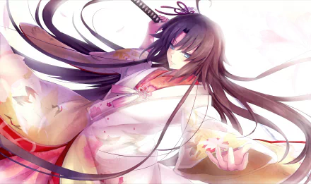 HD anime desktop wallpaper with a character from Fate/Grand Order in dynamic pose wearing traditional attire, holding a sword with flowing hair and sakura petals in the background.