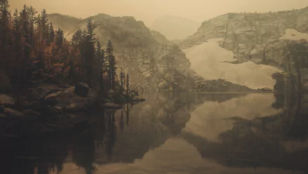 An HD desktop wallpaper of a tranquil glacier lake surrounded by snow, ice, and trees. The sepia tone adds a serene, nature-filled ambiance with the reflection of the landscape on the water.