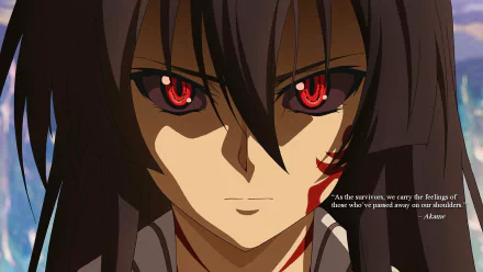 HD wallpaper of Akame from the anime Akame ga Kill! featuring her intense red eyes, black hair, and a tattoo on her face. Text on the side reads a quote from Akame.