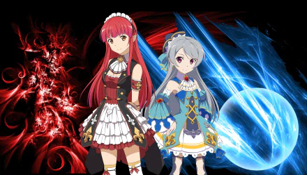 4K Ultra HD PC desktop wallpaper featuring Rain from Sword Art Online: Lost Song alongside another anime character, set against dynamic red and blue abstract backgrounds.