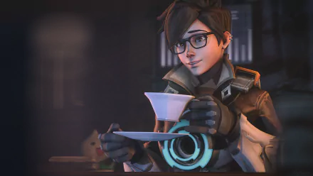 HD PC desktop wallpaper featuring Tracer from the video game Overwatch, depicted holding a teacup with a soft, detailed background.