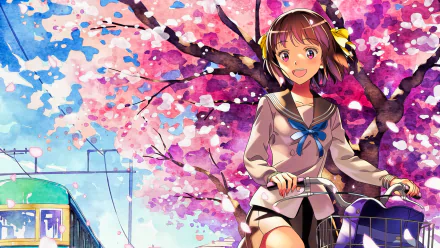 Anime 2K Quad HD PC desktop wallpaper — Minami Kamakura Koukou Joshi Jitensha-bu: cheerful schoolgirl in sailor uniform on a bicycle beneath blooming cherry blossoms with a passing train.